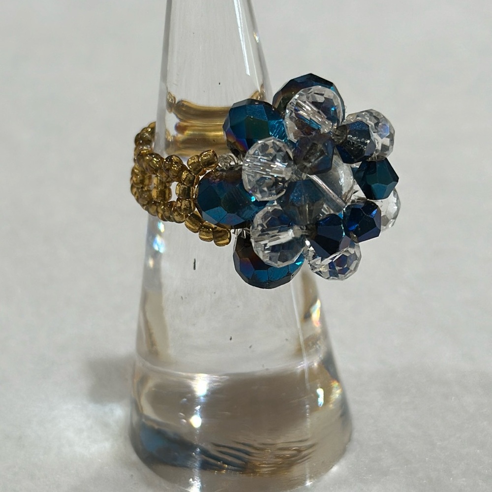 Handmade seed bead and sparkling faceted beaded ring size 8